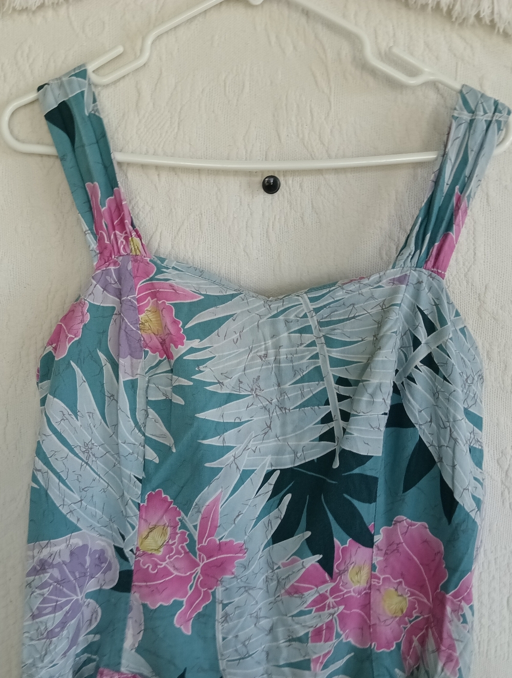 Hilo Hattie Teal Floral Midi Dress with Pink & Lavender Blooms Sun Dress Ruched - Picture 2 of 14